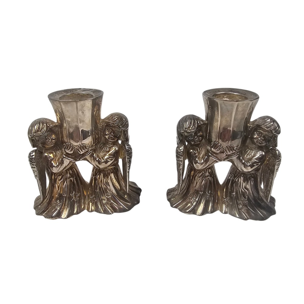 International‎ Silver Co Angel Cherub Candle Holder Set Silver Plated Weighted